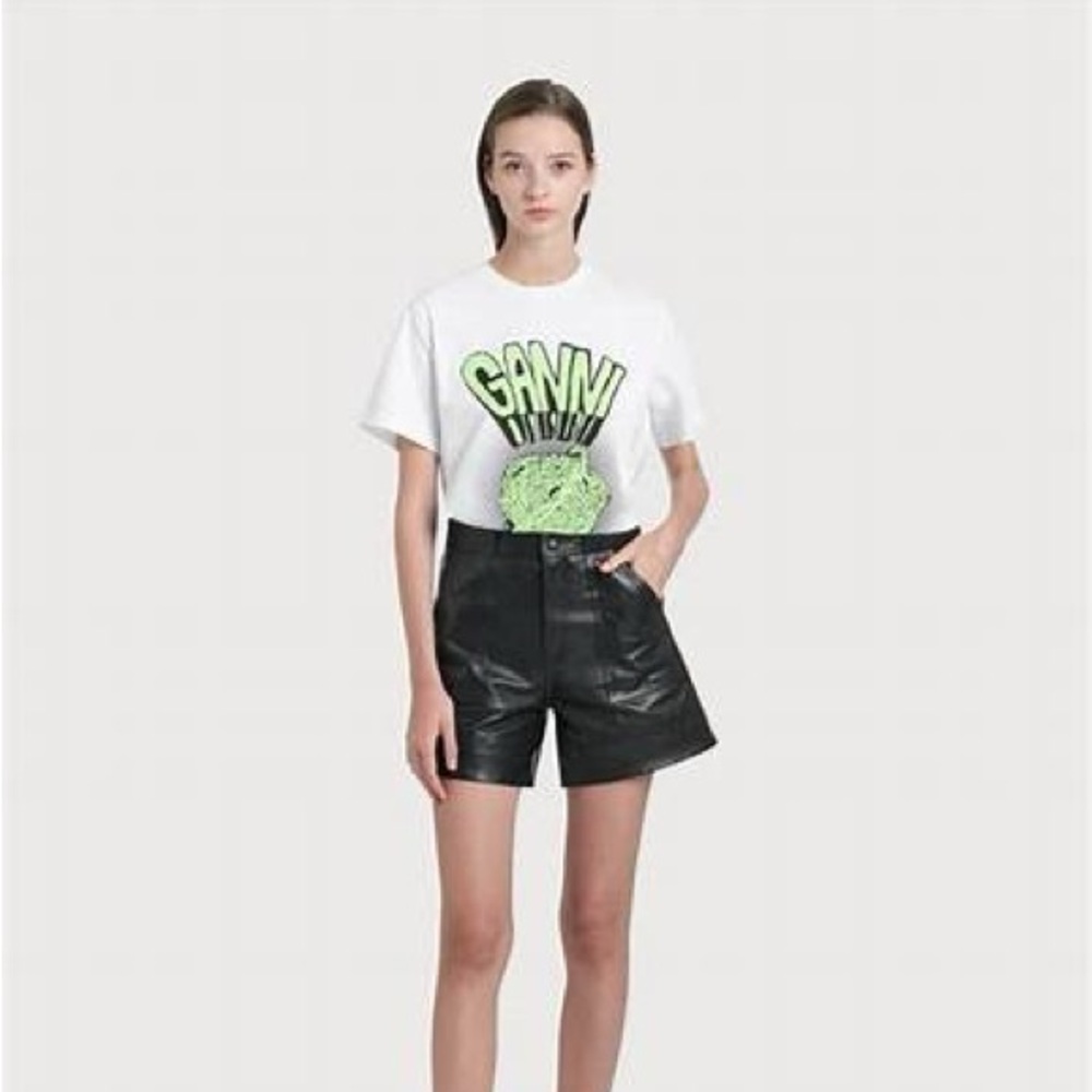 Ganni Lamb Leather Shorts, Black, High-Rise, Slit Pockets, Zip & Button Closure
